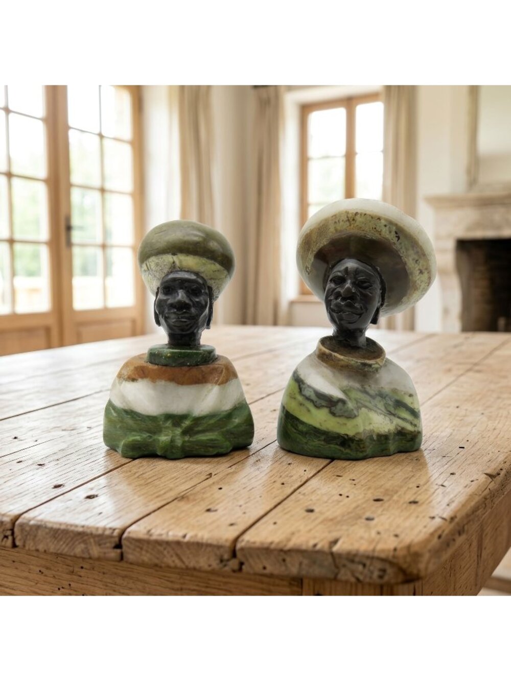 Small Stone Bust Set Hand Carved in South Africa 3.5" and 3.1"